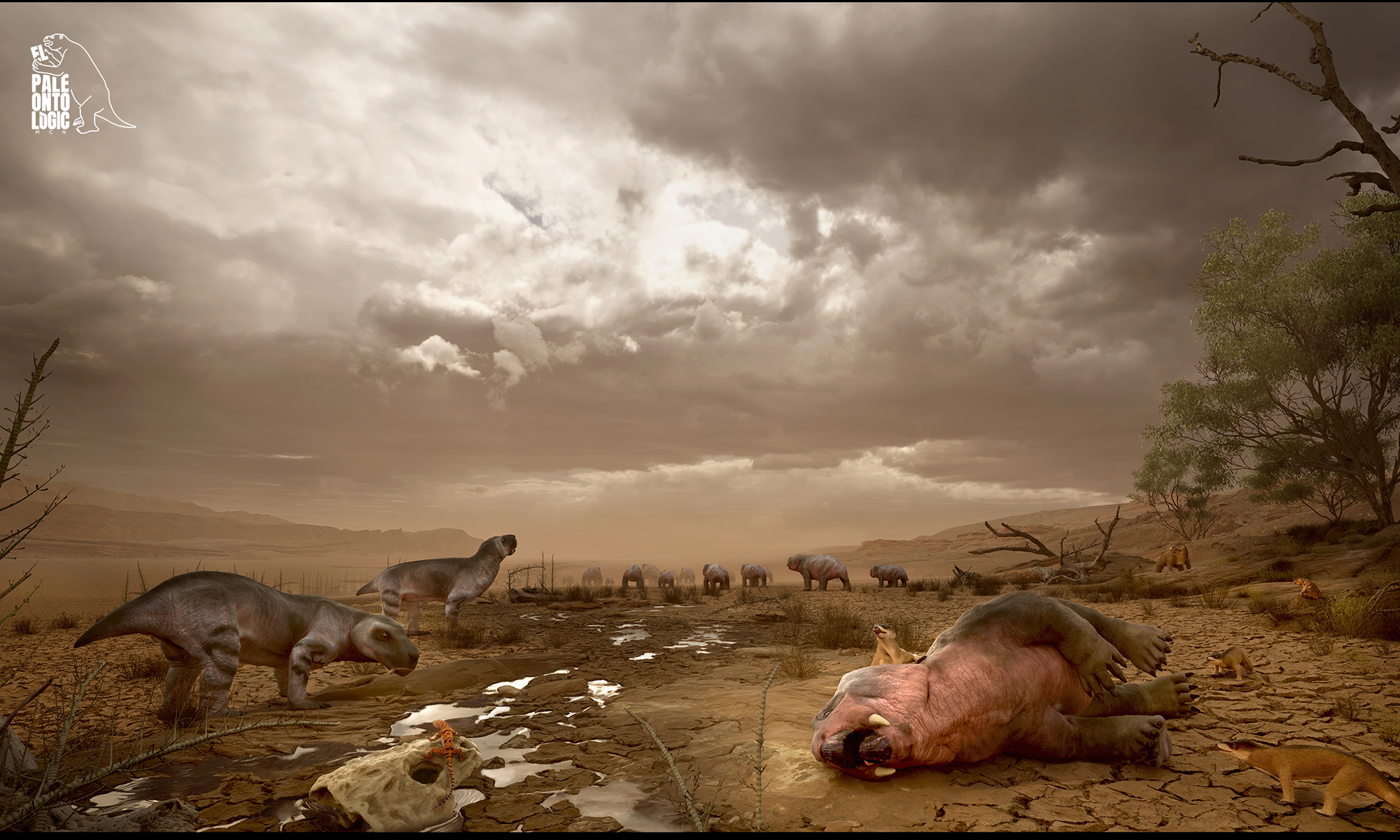 Paleoarte de fauna extinta Reconstrucción de un ecosistema árido prehistórico con manada de sinápsidos y detalle de un ejemplar fallecido en primer plano.