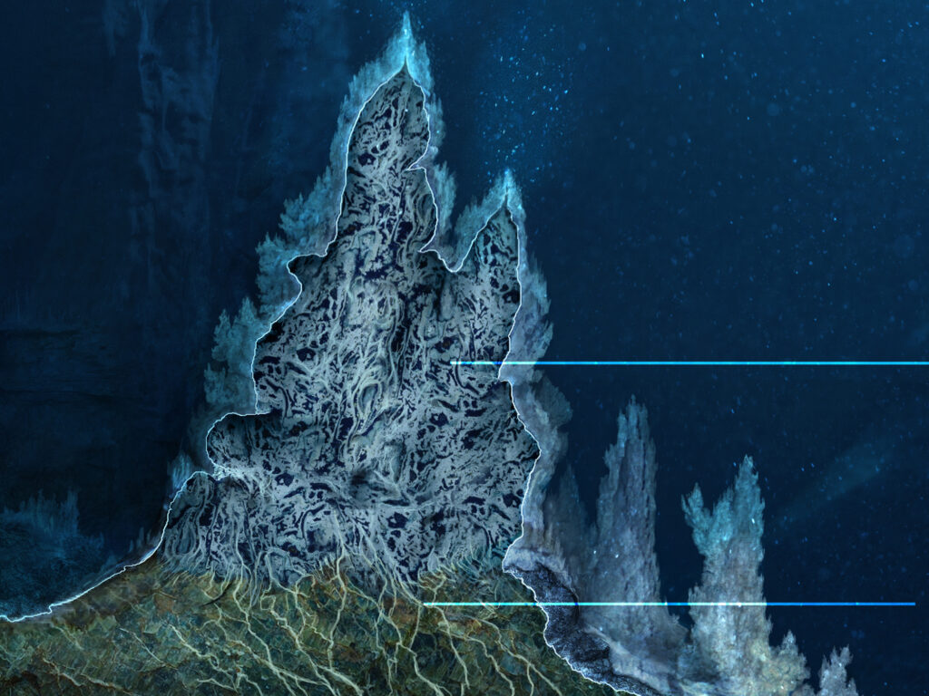 ección transversal detallada de una formación mineral submarina creada por Metazoa Studio para explicar procesos geológicos mediante ilustración profesional.