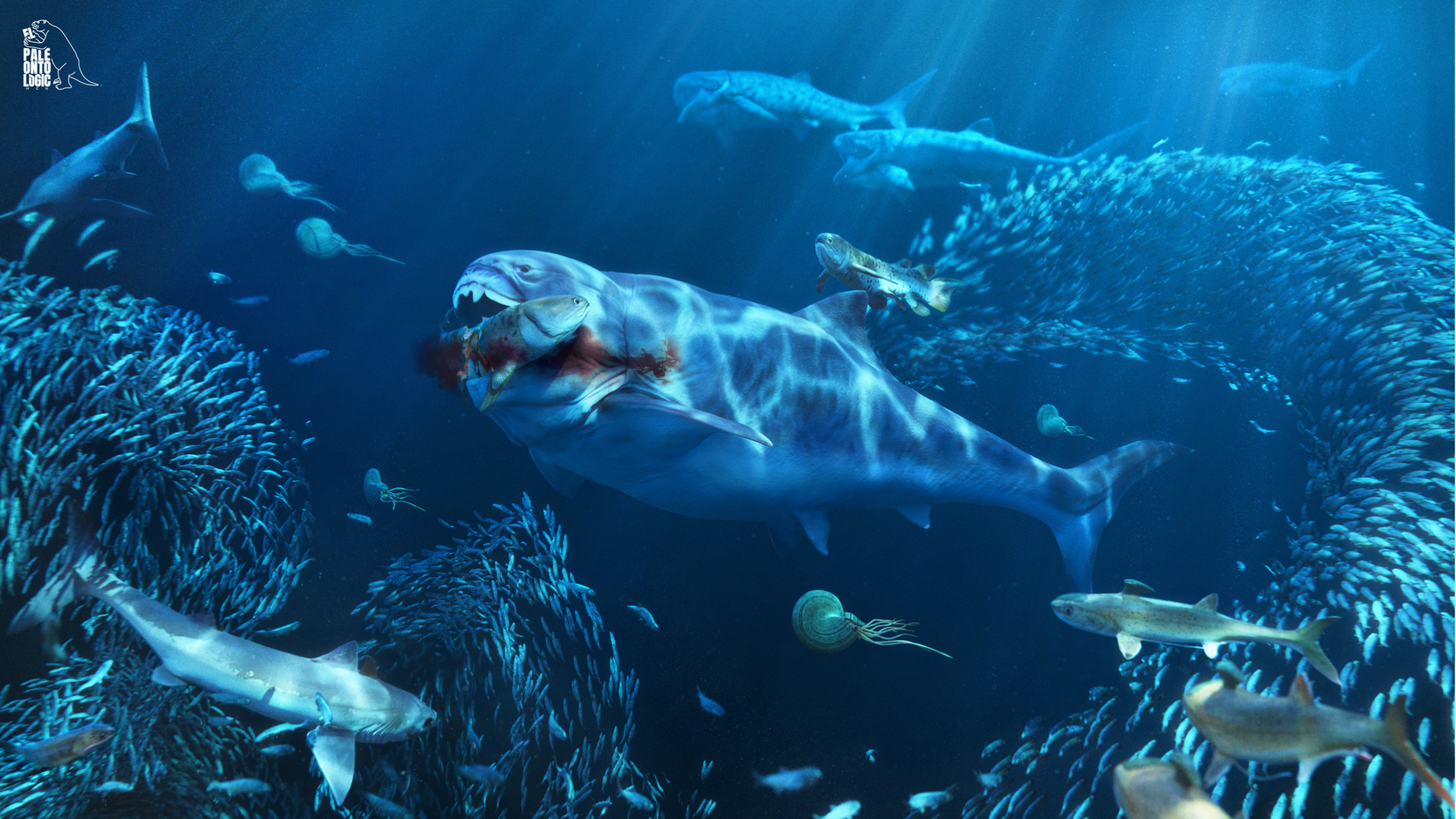 Paleoarte y Reconstrucción Científica Reconstrucción digital de ecosistema marino prehistórico con grandes depredadores y bancos de peces.